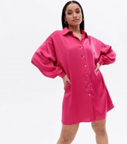 New Look Petite Bright Pink Satin Oversized Mini Shirt Dress